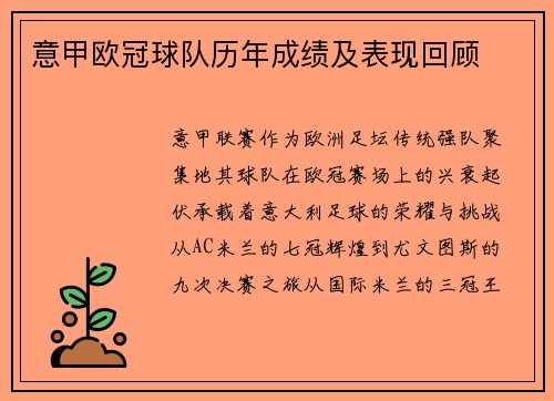 意甲欧冠球队历年成绩及表现回顾